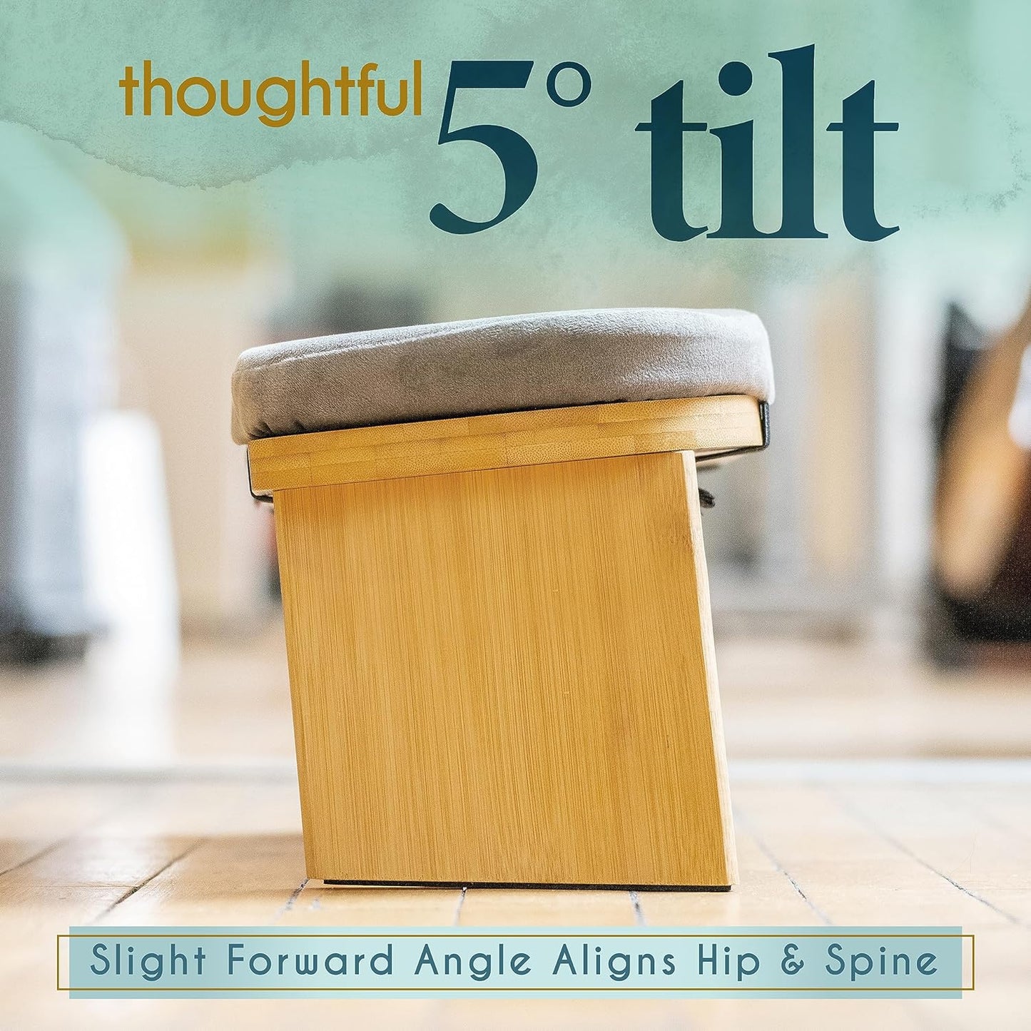 Folding Bamboo Kneeling Meditation Chair - 18 in X 7 in X 6 in Grey Modern Rectangular - with Cushion & Magnetic Locking Hinges - Portable Travel Meditation Bench with Anti-Slip Feet