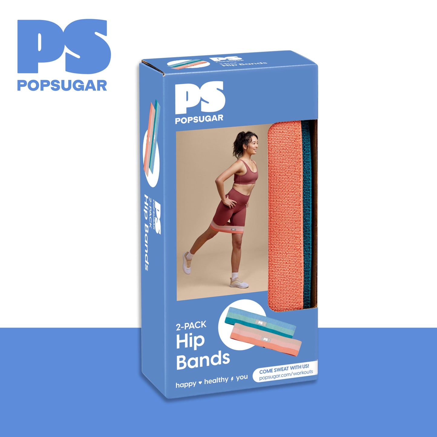 Fabric Hip Bands, Set of 2 No-Roll Glute Bands, Light & Medium Strength, Blue/Coral