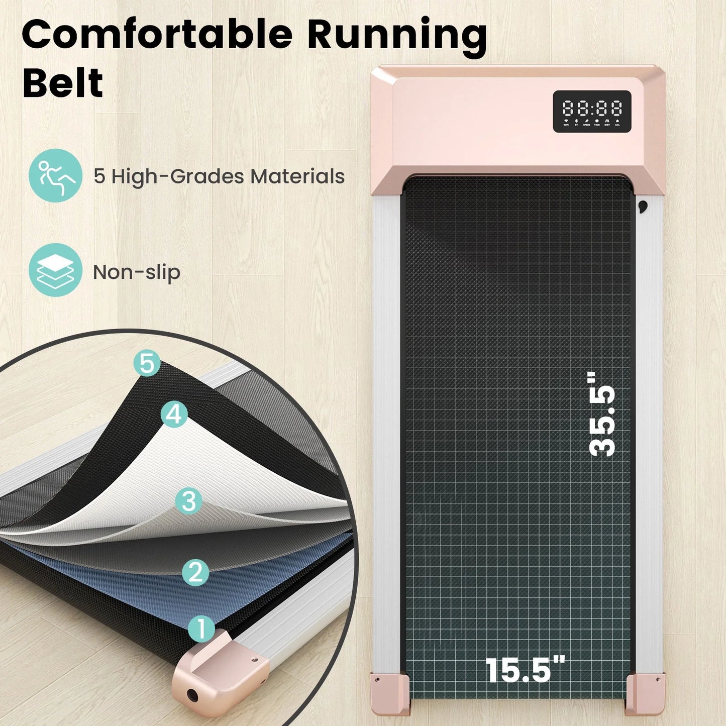 Walking Pad , 300Lbs Capacity under Desk Treadmill, 0.6-3.8 Mph with Pitpat APP, Smart Treadmills for Home Office, 2.5HP Portable Treadmills with Remote Control & LED Display(Pink)