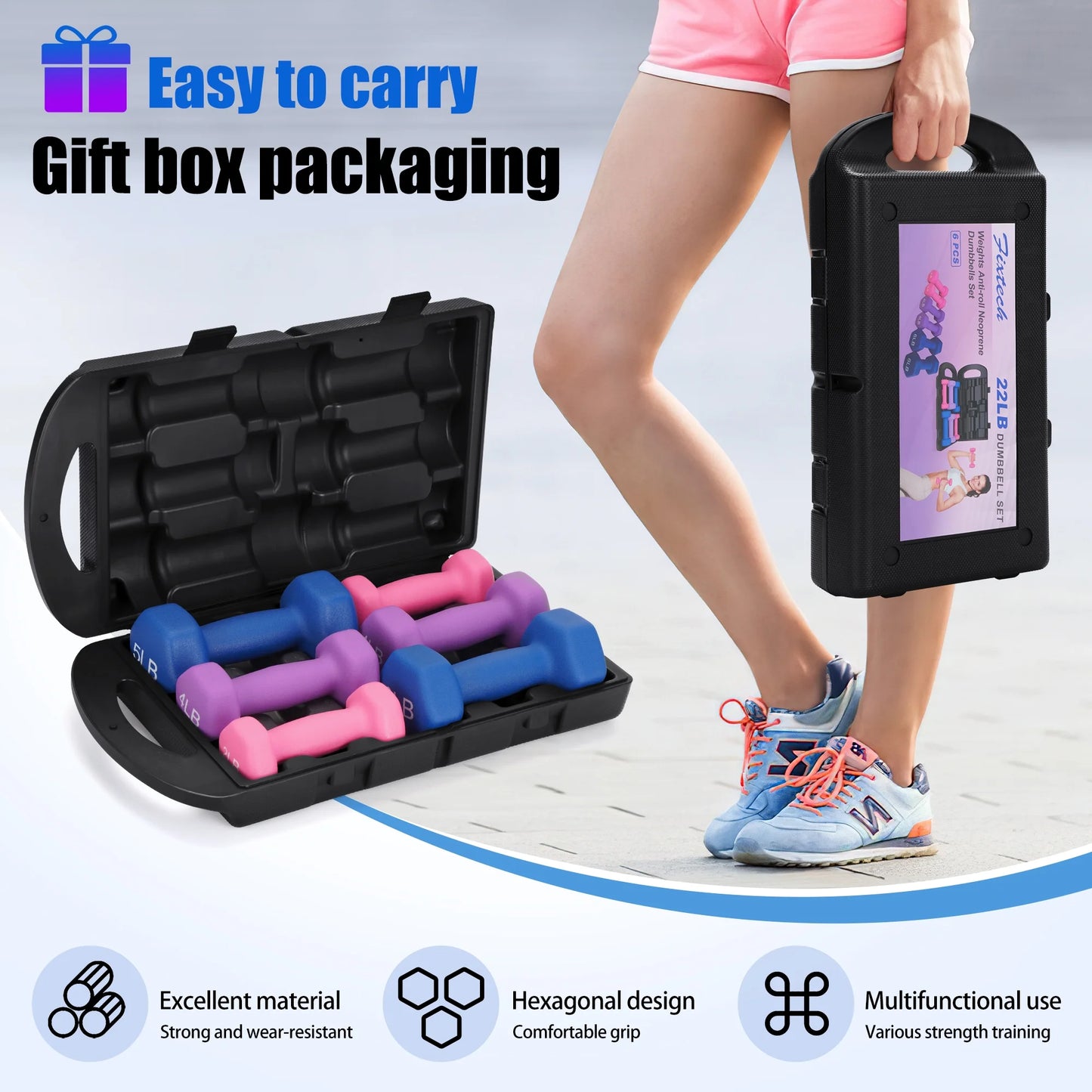 22 Lb Neoprene Dumbbell Combination Set, Featuring a Storage Box, Anti-Slip and Anti-Roll Hex Dumbbells in Pair for Strength Training, Resistance Training