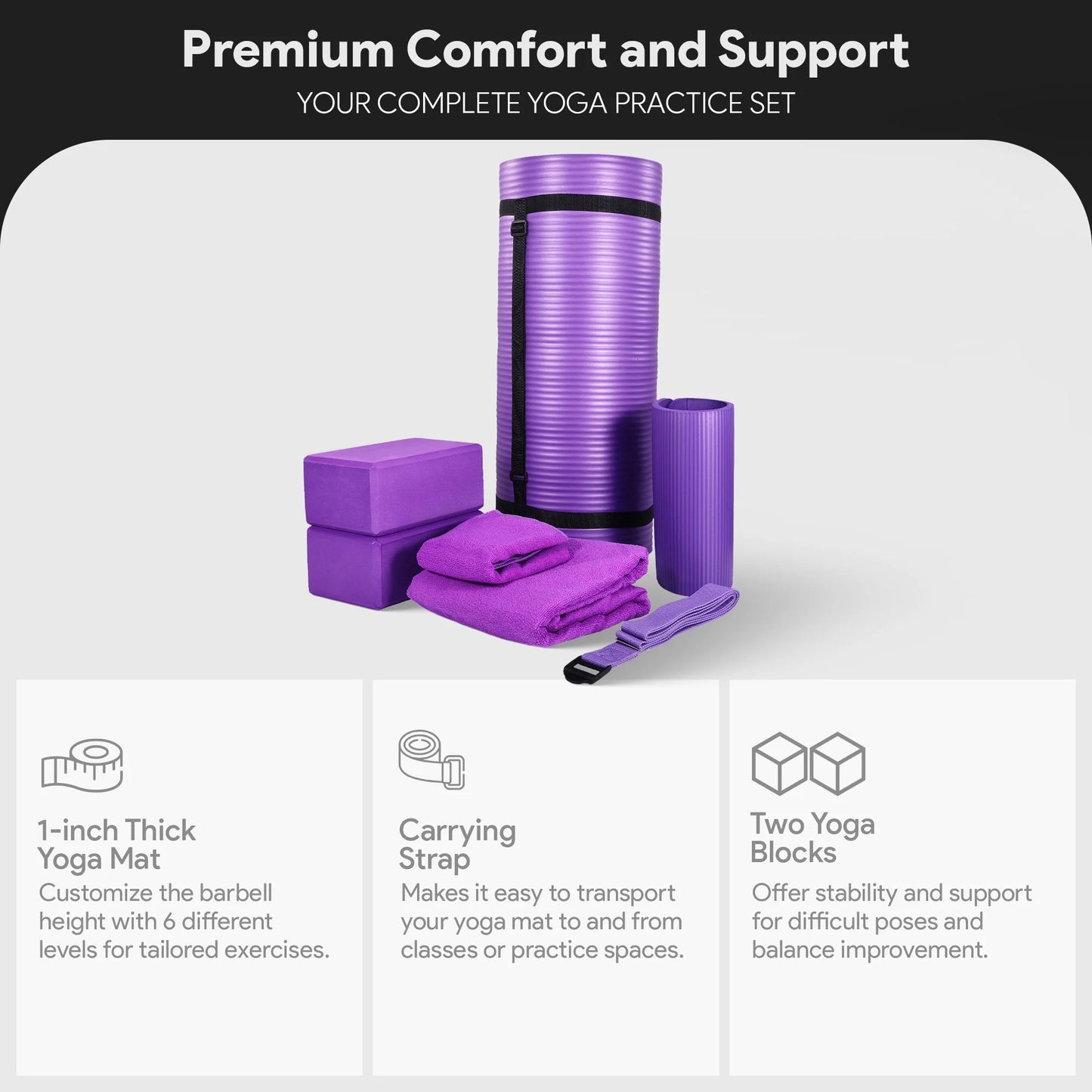 Fitness 7 Pc Yoga Set W/ Mat, Stretch Strap, & Knee Pad, Purple