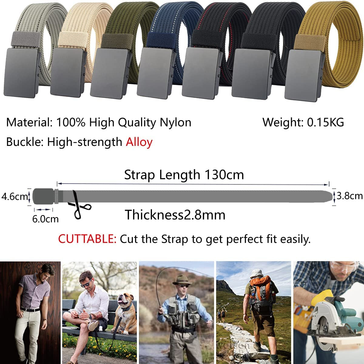 Men Nylon Web Belts - Metal Buckle, Fully Adjustable Belt Strap for Work, Easy Trim to Fit 28-49" Waist