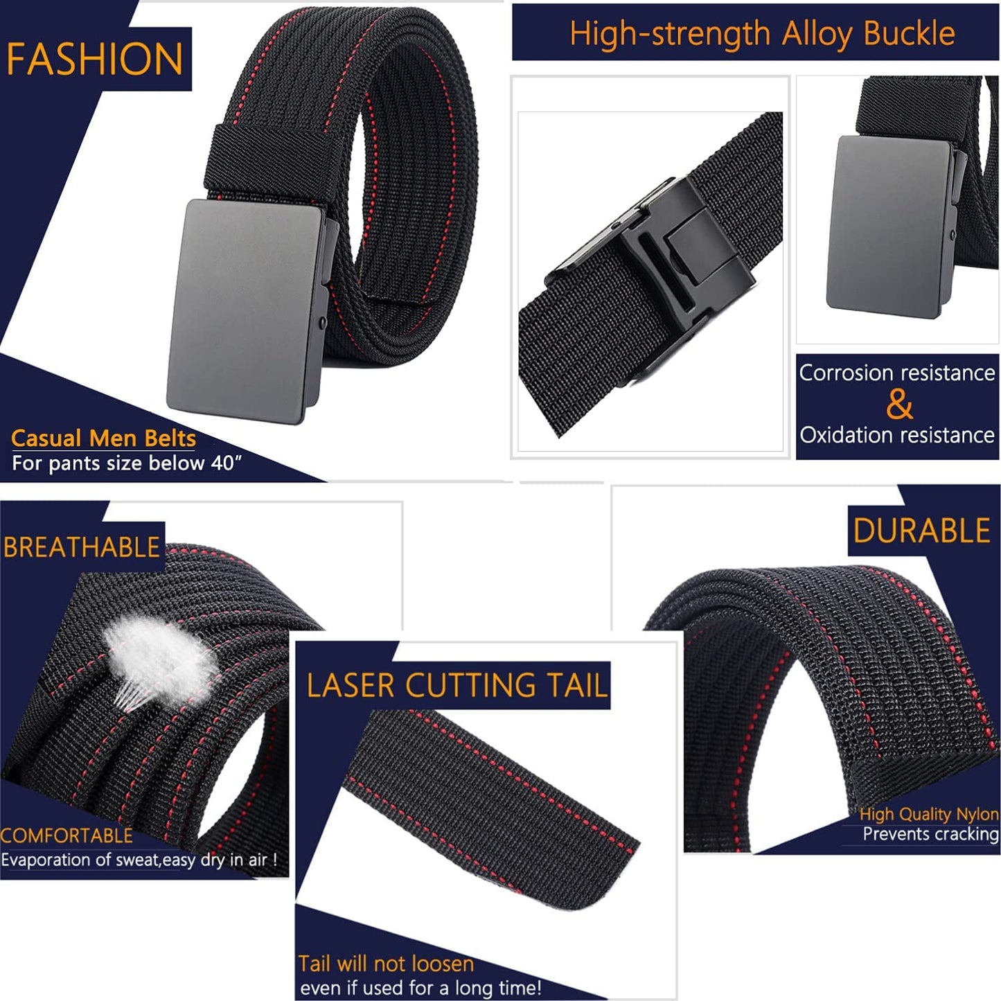Men Nylon Web Belts - Metal Buckle, Fully Adjustable Belt Strap for Work, Easy Trim to Fit 28-49" Waist