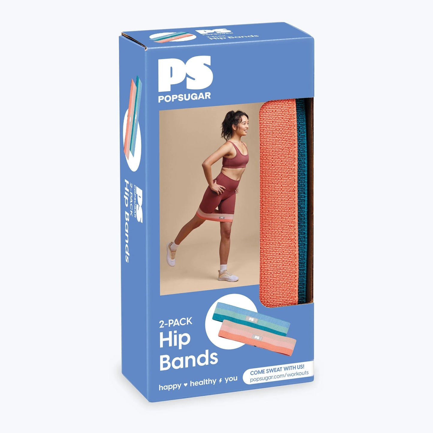 Fabric Hip Bands, Set of 2 No-Roll Glute Bands, Light & Medium Strength, Blue/Coral