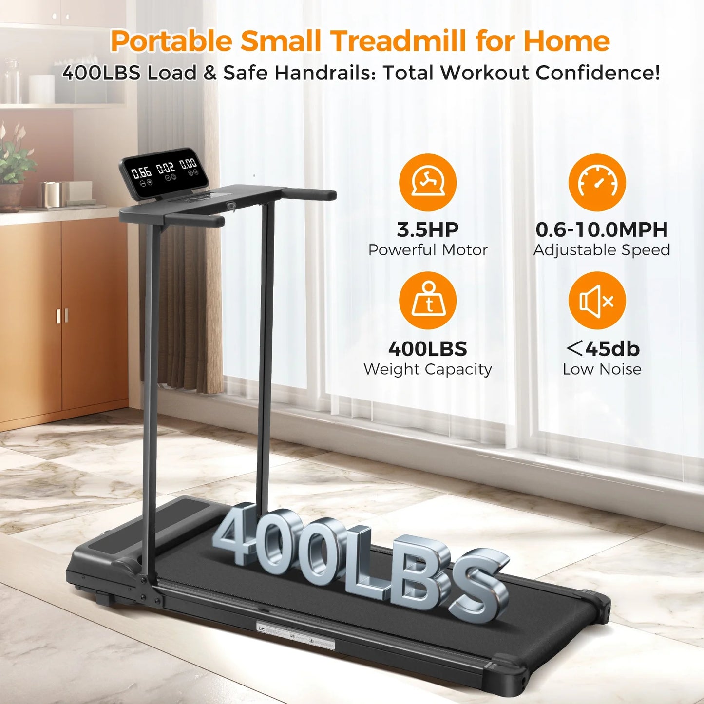 Portable Treadmills for Home Workouts Fitness,3.5Hp Walking Pad Treadmill with Handles,Compact Running Treadmill with LED Display,400Lbs