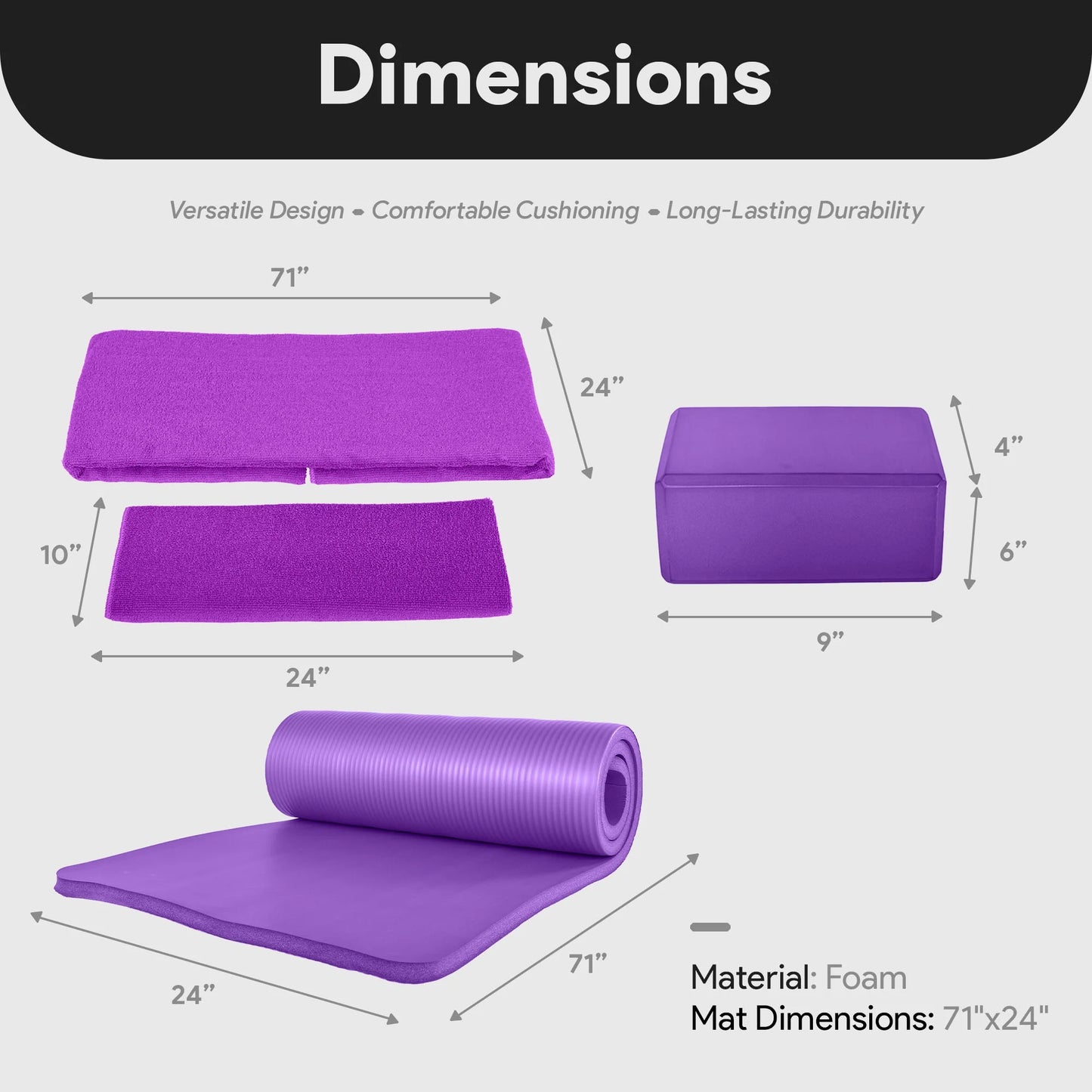 Fitness 7 Pc Yoga Set W/ Mat, Stretch Strap, & Knee Pad, Purple