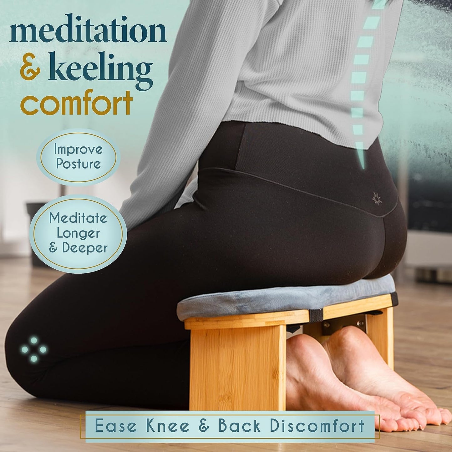 Folding Bamboo Kneeling Meditation Chair - 18 in X 7 in X 6 in Grey Modern Rectangular - with Cushion & Magnetic Locking Hinges - Portable Travel Meditation Bench with Anti-Slip Feet