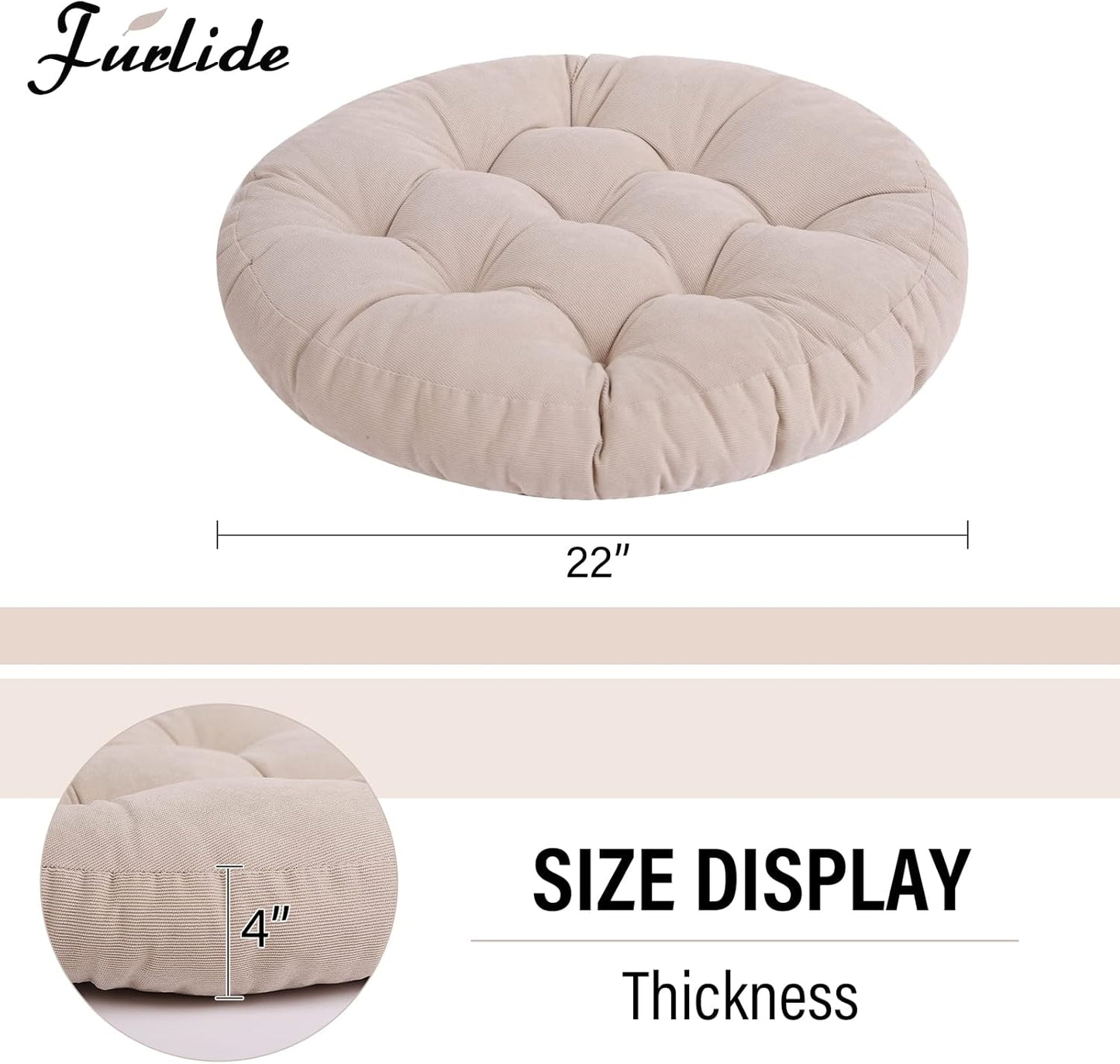 round Office Chair Cushions 22X22 Inch Outdoor Seat Pads Set of 2 Throw Floor Pillows for Adults Sitting Patio Garden, Beige