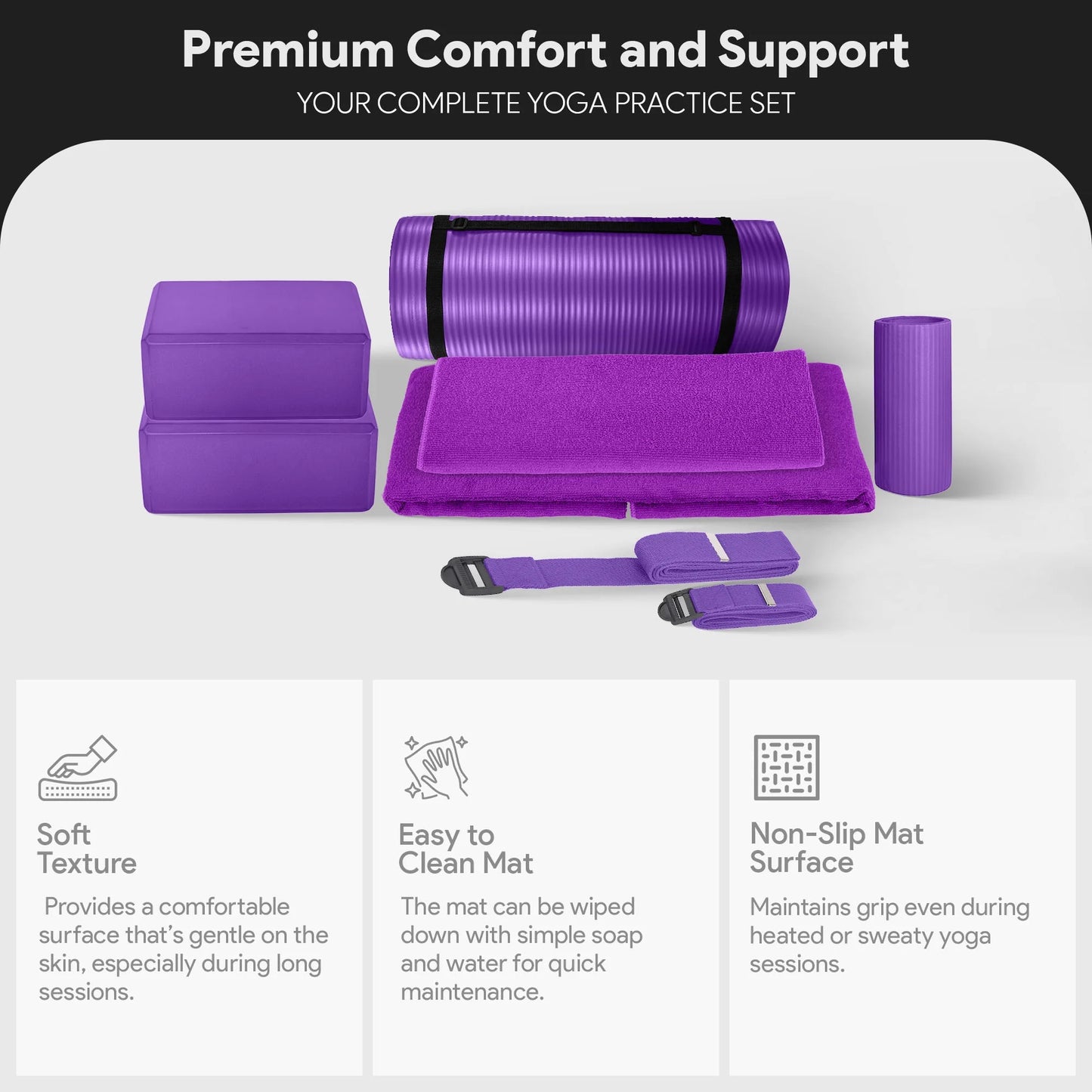 Fitness 7 Pc Yoga Set W/ Mat, Stretch Strap, & Knee Pad, Purple