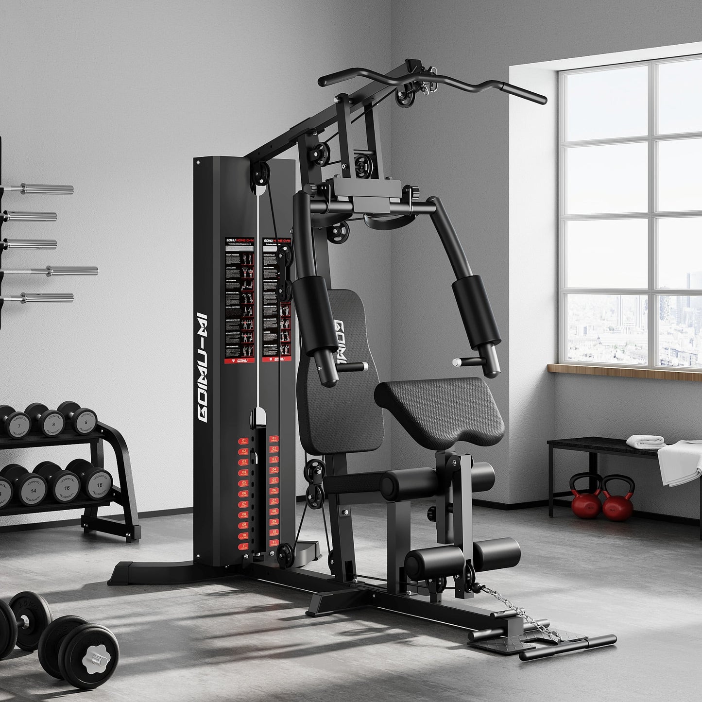 Home Gym, Workout Station with 150LBS Weight Stack, Multifunctional Home Gym Equipment with Pulley System for Full Body Strength Training
