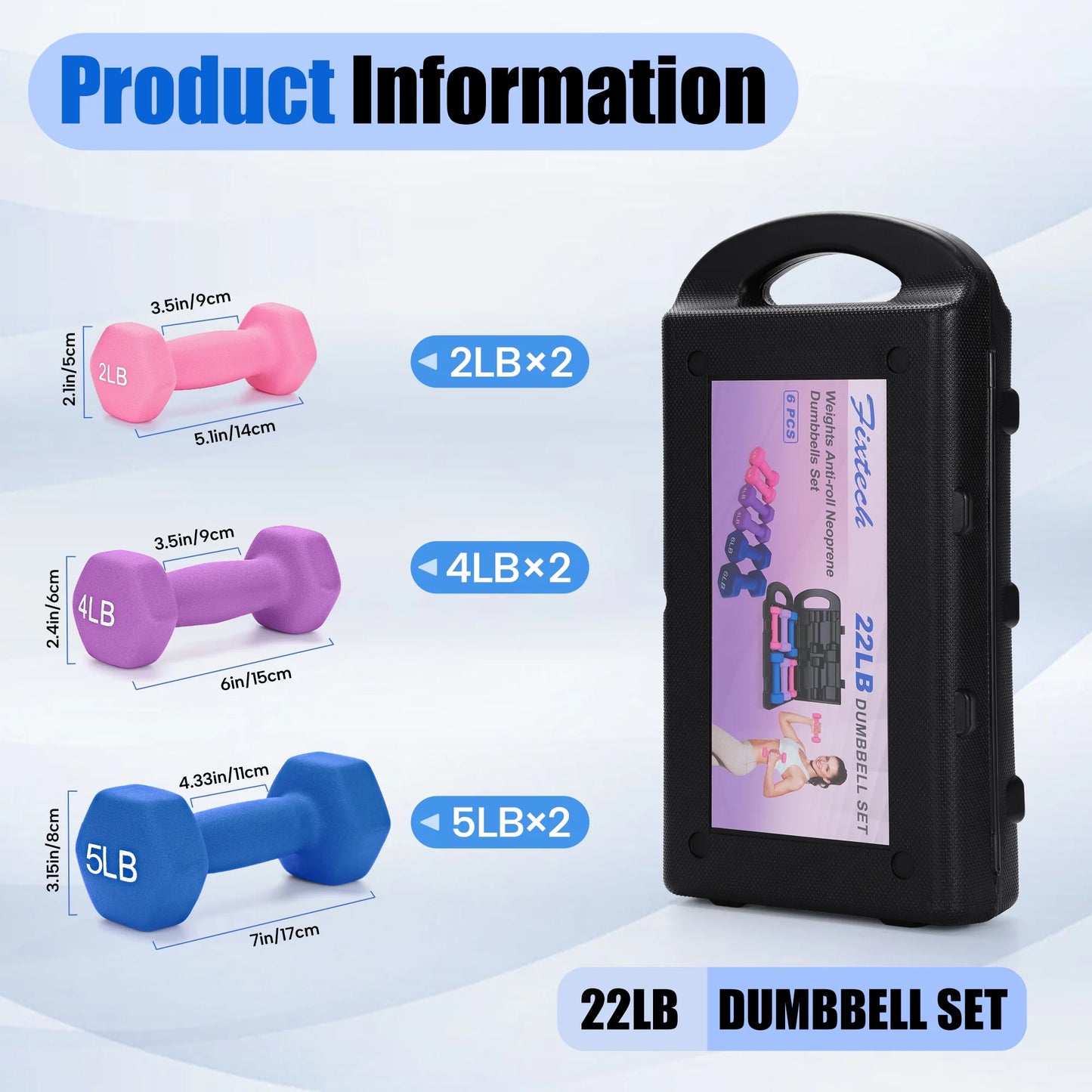 22 Lb Neoprene Dumbbell Combination Set, Featuring a Storage Box, Anti-Slip and Anti-Roll Hex Dumbbells in Pair for Strength Training, Resistance Training