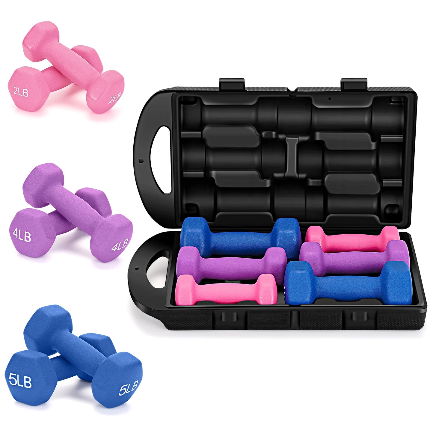 22 Lb Neoprene Dumbbell Combination Set, Featuring a Storage Box, Anti-Slip and Anti-Roll Hex Dumbbells in Pair for Strength Training, Resistance Training