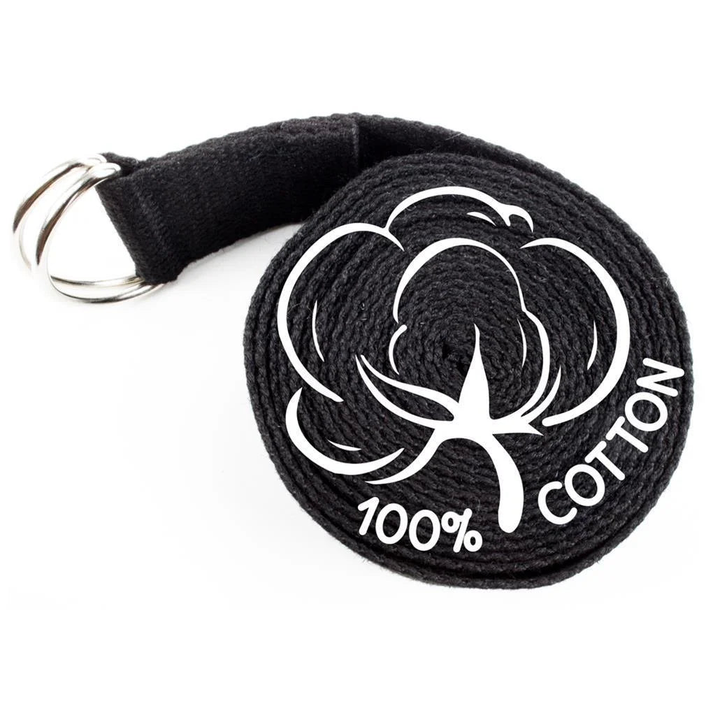 Black 10' Extra-Long Cotton Yoga Strap with Metal D-Ring