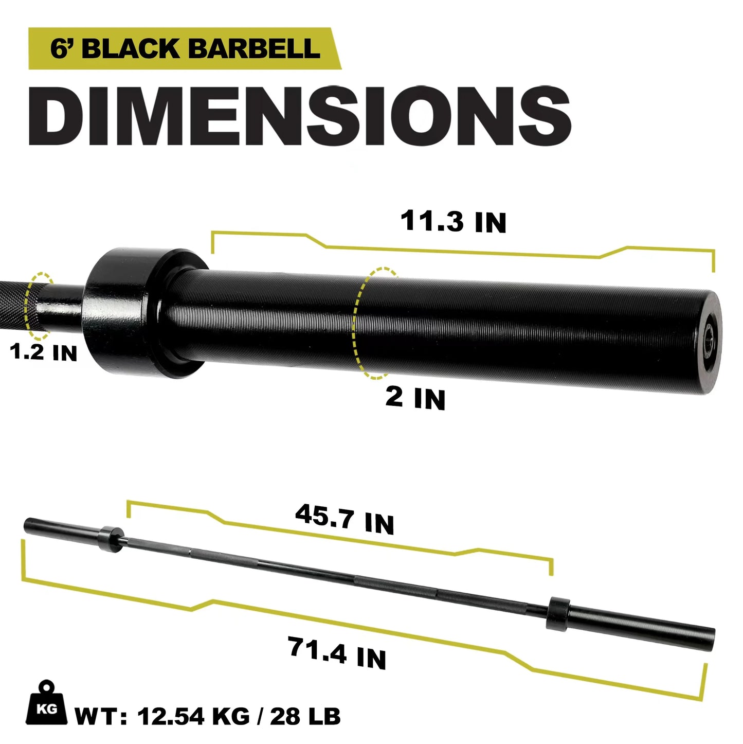 6 Ft Barbell Bar, Olympic Weightlifting Bar, 2 Inch Rotating Sleeves, 800-Pound Capacity