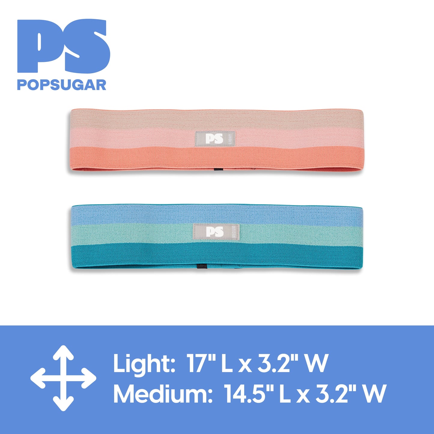 Fabric Hip Bands, Set of 2 No-Roll Glute Bands, Light & Medium Strength, Blue/Coral
