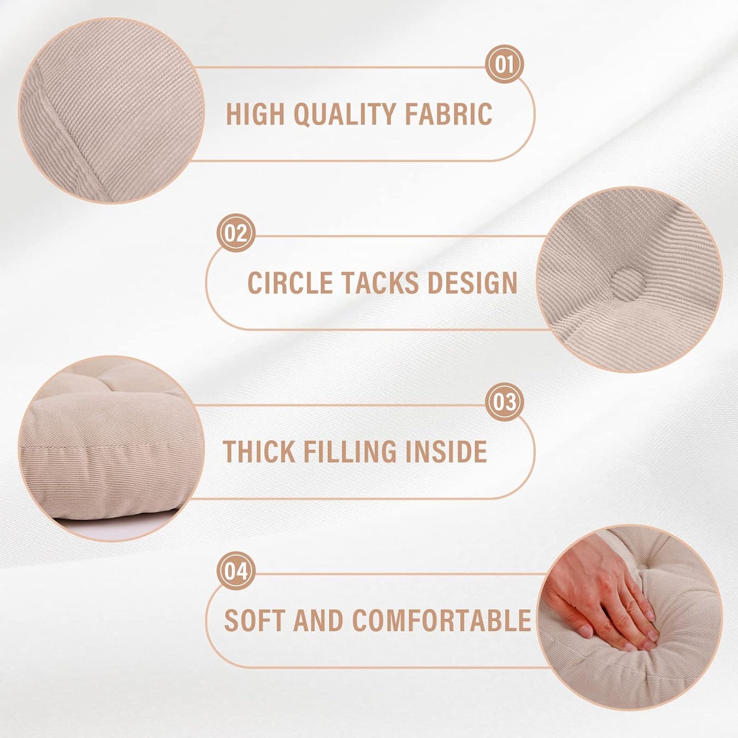 round Office Chair Cushions 22X22 Inch Outdoor Seat Pads Set of 2 Throw Floor Pillows for Adults Sitting Patio Garden, Beige