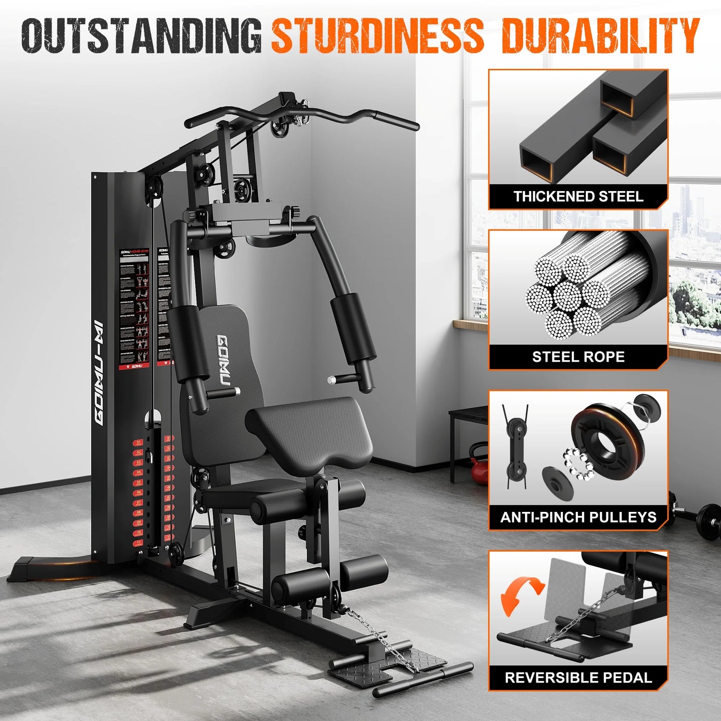 Home Gym, Workout Station with 150LBS Weight Stack, Multifunctional Home Gym Equipment with Pulley System for Full Body Strength Training