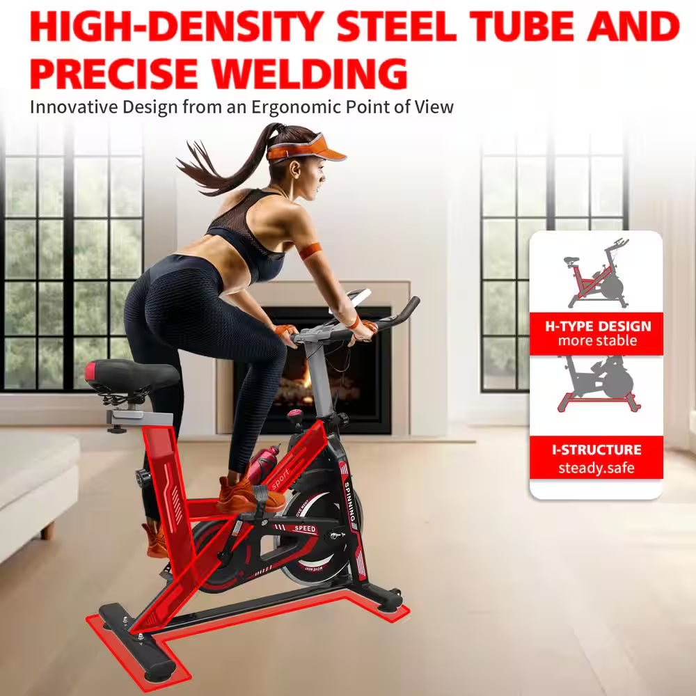 Black Red Steel Exercise Bike Cycling Bike with Comfortable Seat Cushion and LCD Display