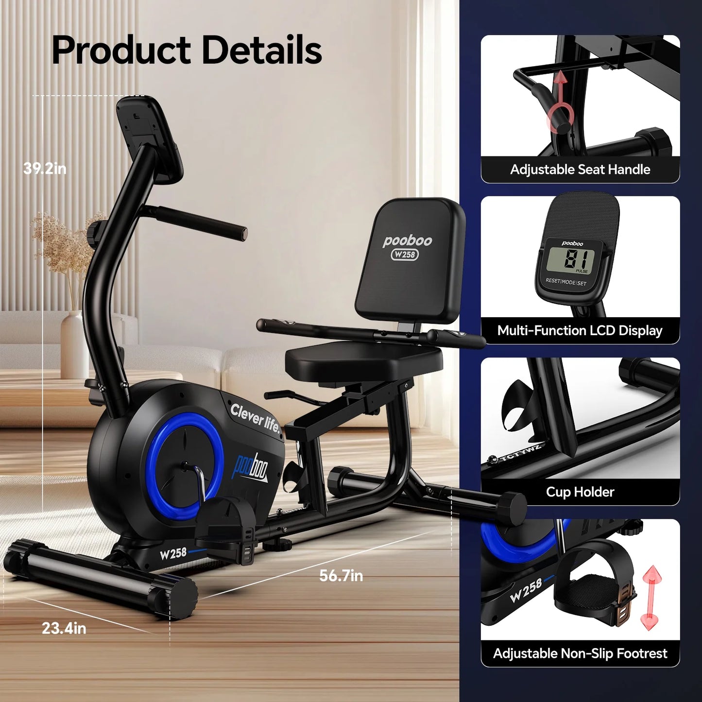 Recumbent Exercise Bikes Sit down Stationary Bicycle Magnetic Resistance Indoor Cycling Bike 380Lbs Capacity