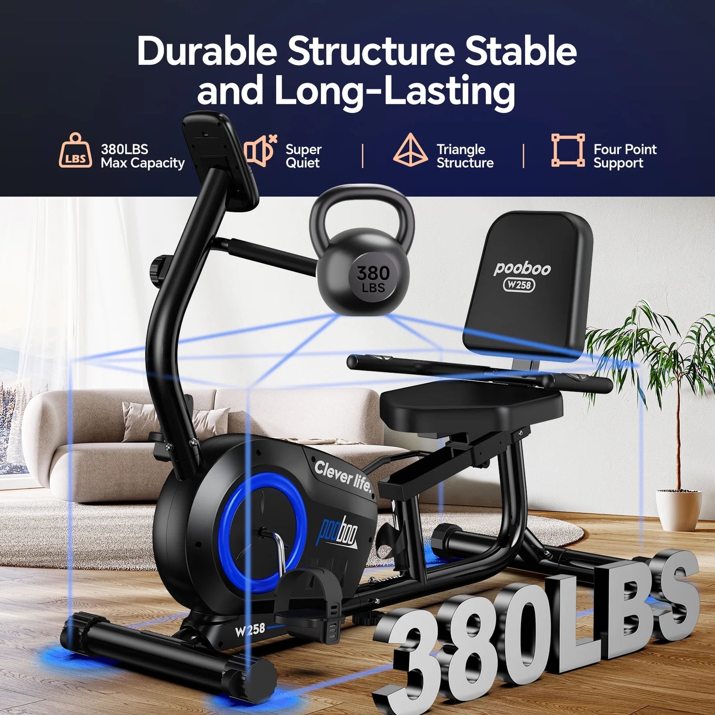 Recumbent Exercise Bikes Sit down Stationary Bicycle Magnetic Resistance Indoor Cycling Bike 380Lbs Capacity