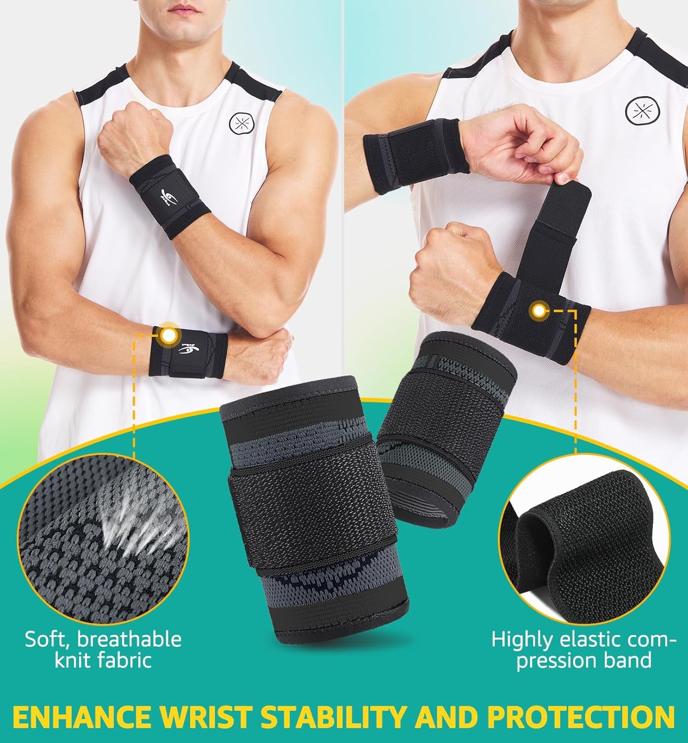 Wrist Brace/Wraps Wrist Compression Strap and Support for Work Fitness Weightlifting Sprains Tendonitis, Carpal Tunnel Arthritis, Pain Relief, Adjustable Wristbands 2 PACK (Black, M)