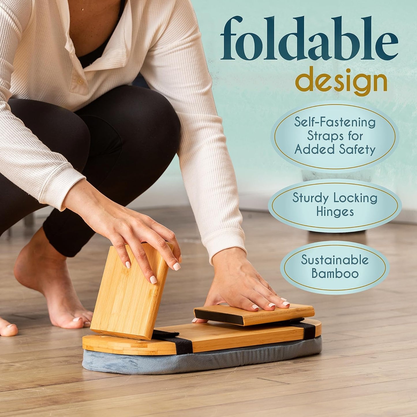 Folding Bamboo Kneeling Meditation Chair - 18 in X 7 in X 6 in Grey Modern Rectangular - with Cushion & Magnetic Locking Hinges - Portable Travel Meditation Bench with Anti-Slip Feet