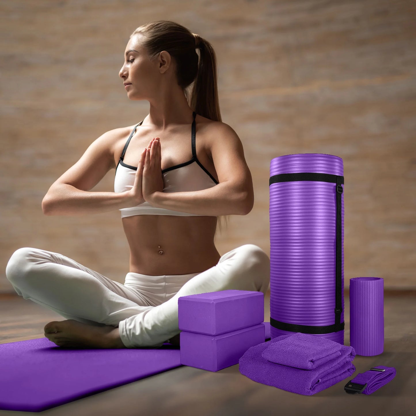 Fitness 7 Pc Yoga Set W/ Mat, Stretch Strap, & Knee Pad, Purple