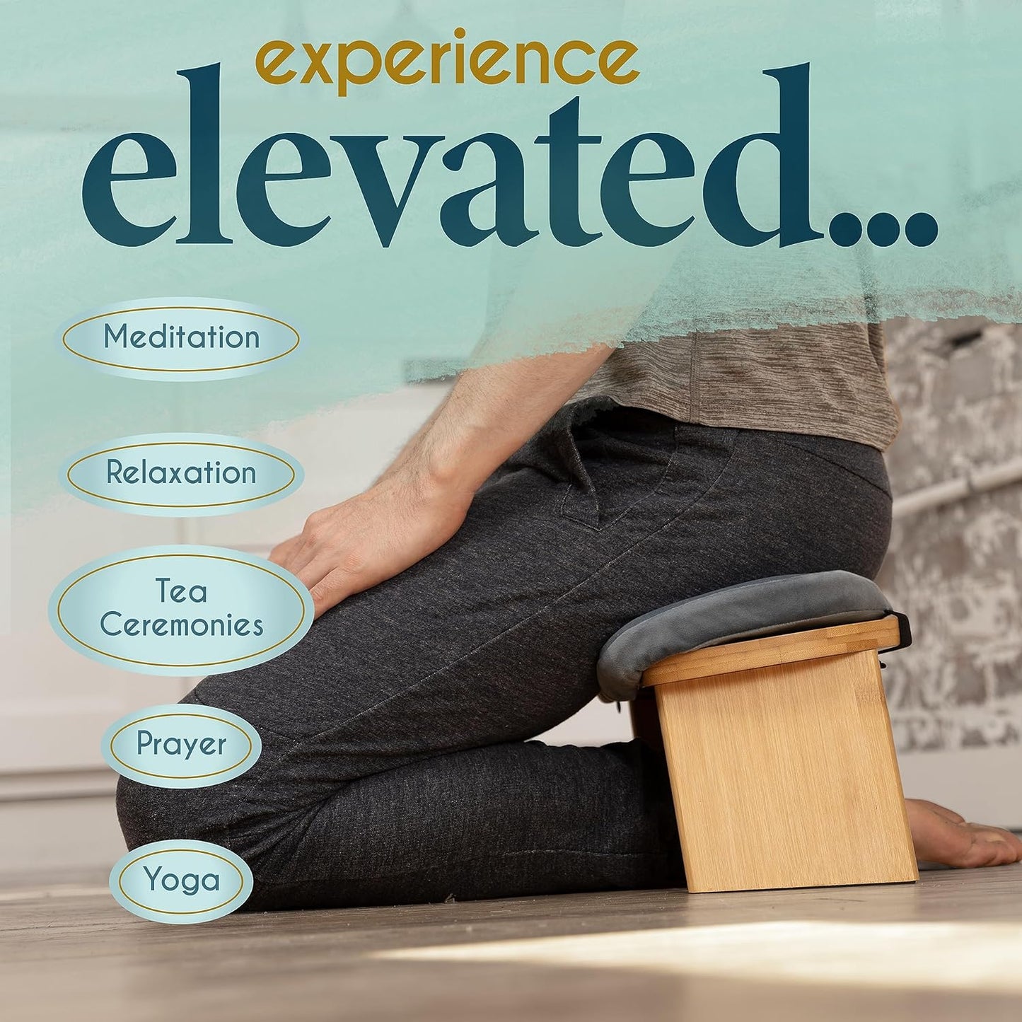 Folding Bamboo Kneeling Meditation Chair - 18 in X 7 in X 6 in Grey Modern Rectangular - with Cushion & Magnetic Locking Hinges - Portable Travel Meditation Bench with Anti-Slip Feet