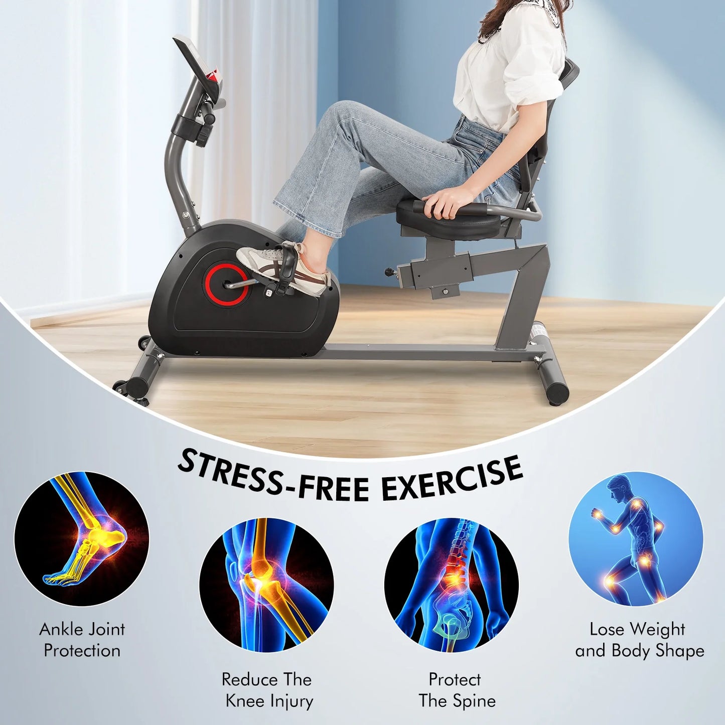 Recumbent Exercise Bike for Home Stationary Bike Sturdy Quiet 8 Levels Recumbent Bikes Large Comfortable Seat Heart Rate Handle & Ipad Holder for Gym Seniors Adults