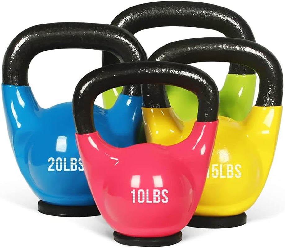 Vinyl Coated Kettlebells with Thick Rubber Base- Cast Iron Strength Training Fitness Weight Available: 10, 15, 20, 25 LBS