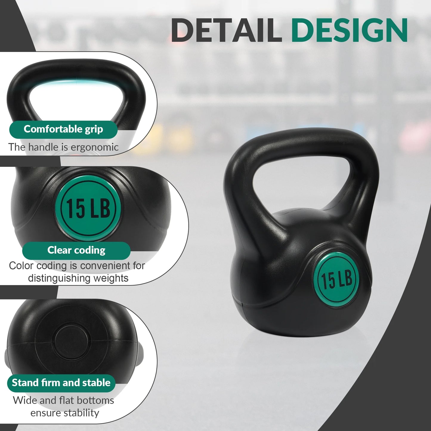5 10 15Lbs Wide Grip Kettlebell, Black