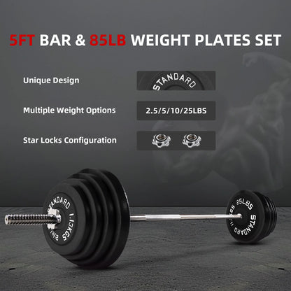Cast Iron Standard Weight Including 5FT Sectional Standard Barbell with Star Locks, 95-Pound Set