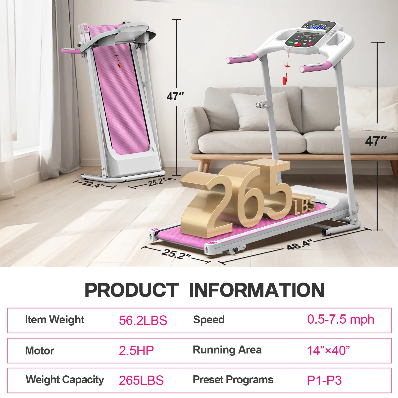 Pink Foldable Treadmill for Home, 2.5HP Quiet Electric Running Machine with Heart Rate Sensor and LCD Display