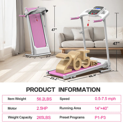 Pink Foldable Treadmill for Home, 2.5HP Quiet Electric Running Machine with Heart Rate Sensor and LCD Display