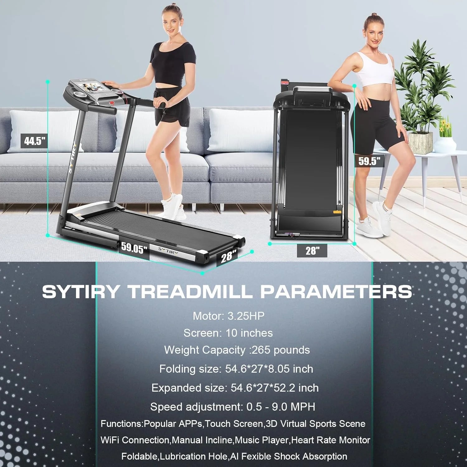 Treadmill with 10" HD TV Touchscreen & 3D Virtual Sports Scene, 3.25HP Folding Running Machine with Manual Incline, Foldable Treadmill with 265Lbs Weight Capacity for Home, Gym, Office, Black