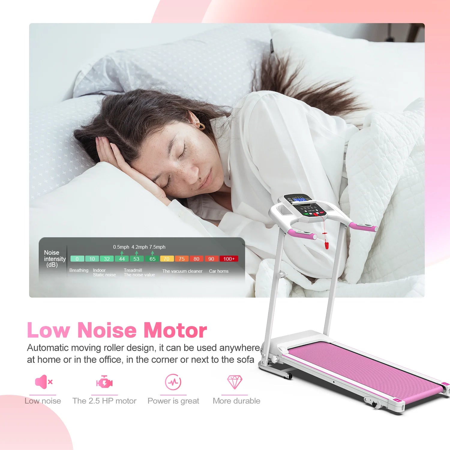Pink Foldable Treadmill for Home, 2.5HP Quiet Electric Running Machine with Heart Rate Sensor and LCD Display