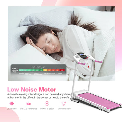 Pink Foldable Treadmill for Home, 2.5HP Quiet Electric Running Machine with Heart Rate Sensor and LCD Display