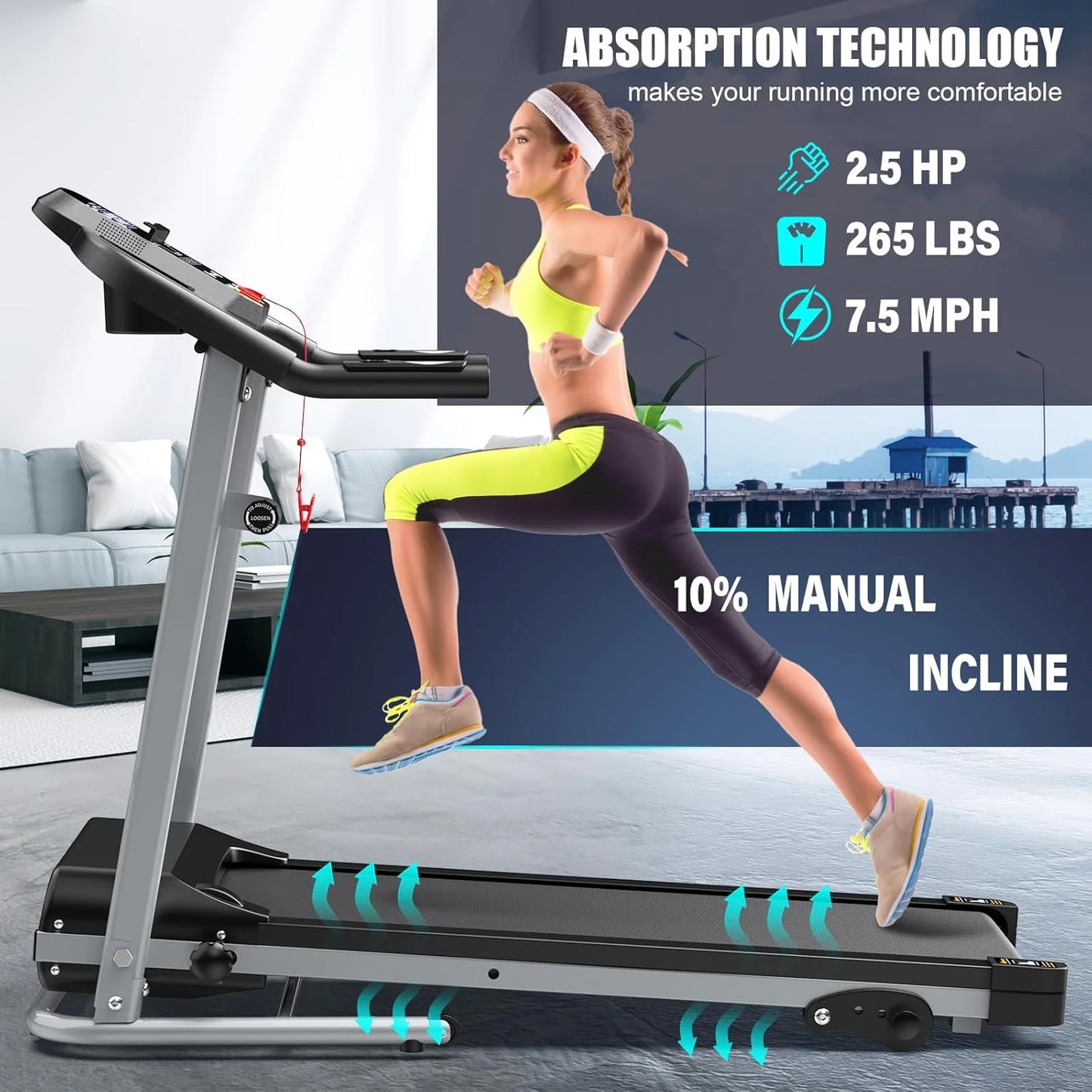 2.5HP Folding Treadmills for Home with Bluetooth & Incline, Portable Running Machine Electric Compact Treadmills Foldable for Exercise Home Gym Fitness Walking Jogging,Max Weight265Lb