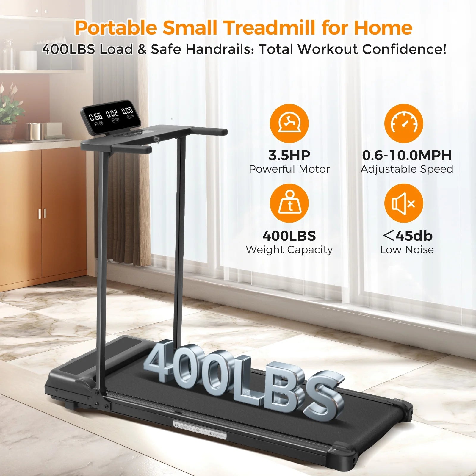 Portable Treadmills for Home Workouts Fitness,3.5Hp Walking Pad Treadmill with Handles,Compact Running Treadmill with LED Display,400Lbs