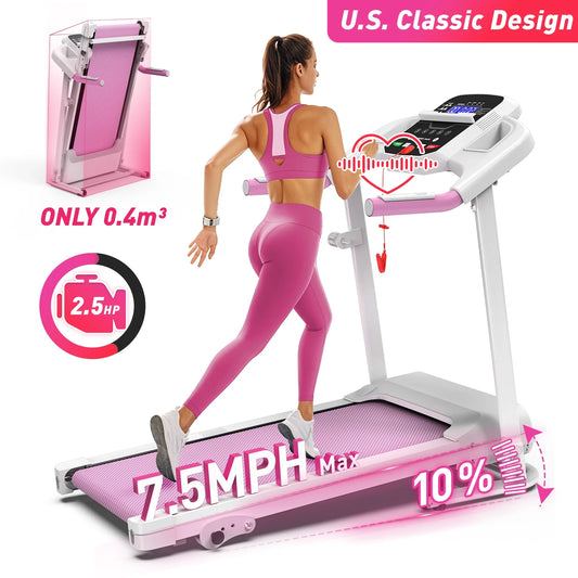 Pink Foldable Treadmill for Home, 2.5HP Quiet Electric Running Machine with Heart Rate Sensor and LCD Display