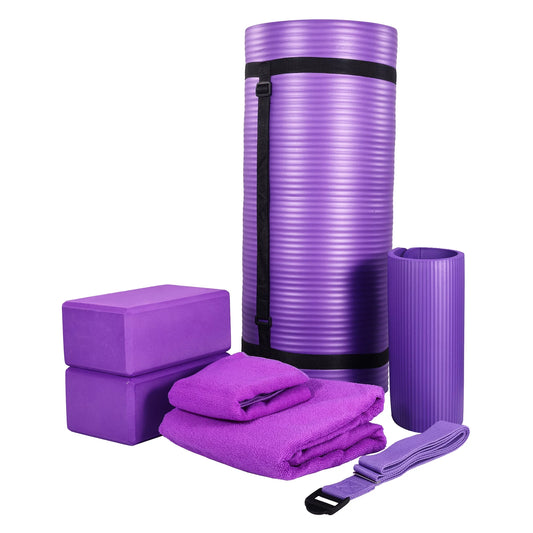 Fitness 7 Pc Yoga Set W/ Mat, Stretch Strap, & Knee Pad, Purple