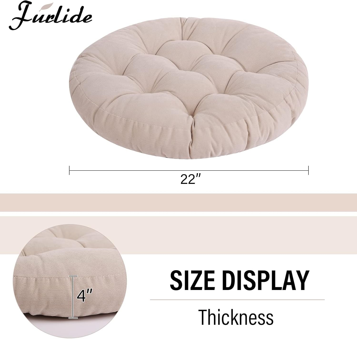 round Office Chair Cushions 22X22 Inch Outdoor Seat Pads Set of 2 Throw Floor Pillows for Adults Sitting Patio Garden, Beige