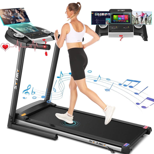 Treadmill with 10" HD TV Touchscreen & 3D Virtual Sports Scene, 3.25HP Folding Running Machine with Manual Incline, Foldable Treadmill with 265Lbs Weight Capacity for Home, Gym, Office, Black