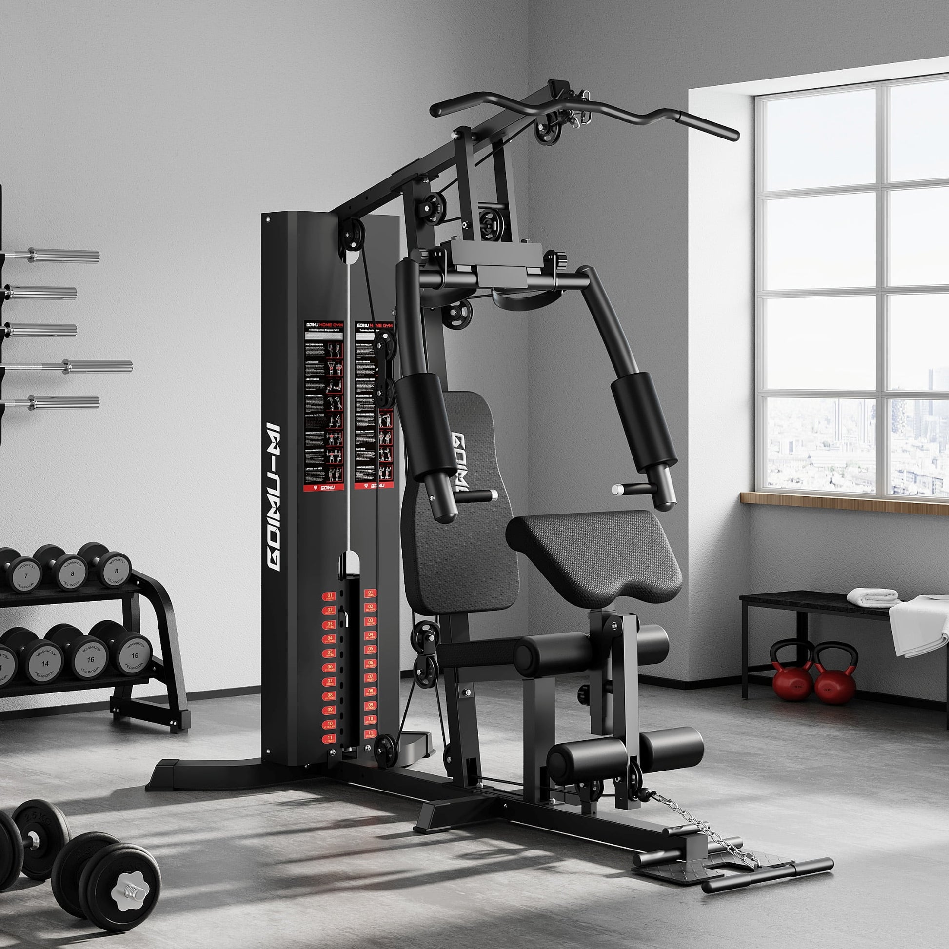 Home Gym, Workout Station with 150LBS Weight Stack, Multifunctional Home Gym Equipment with Pulley System for Full Body Strength Training