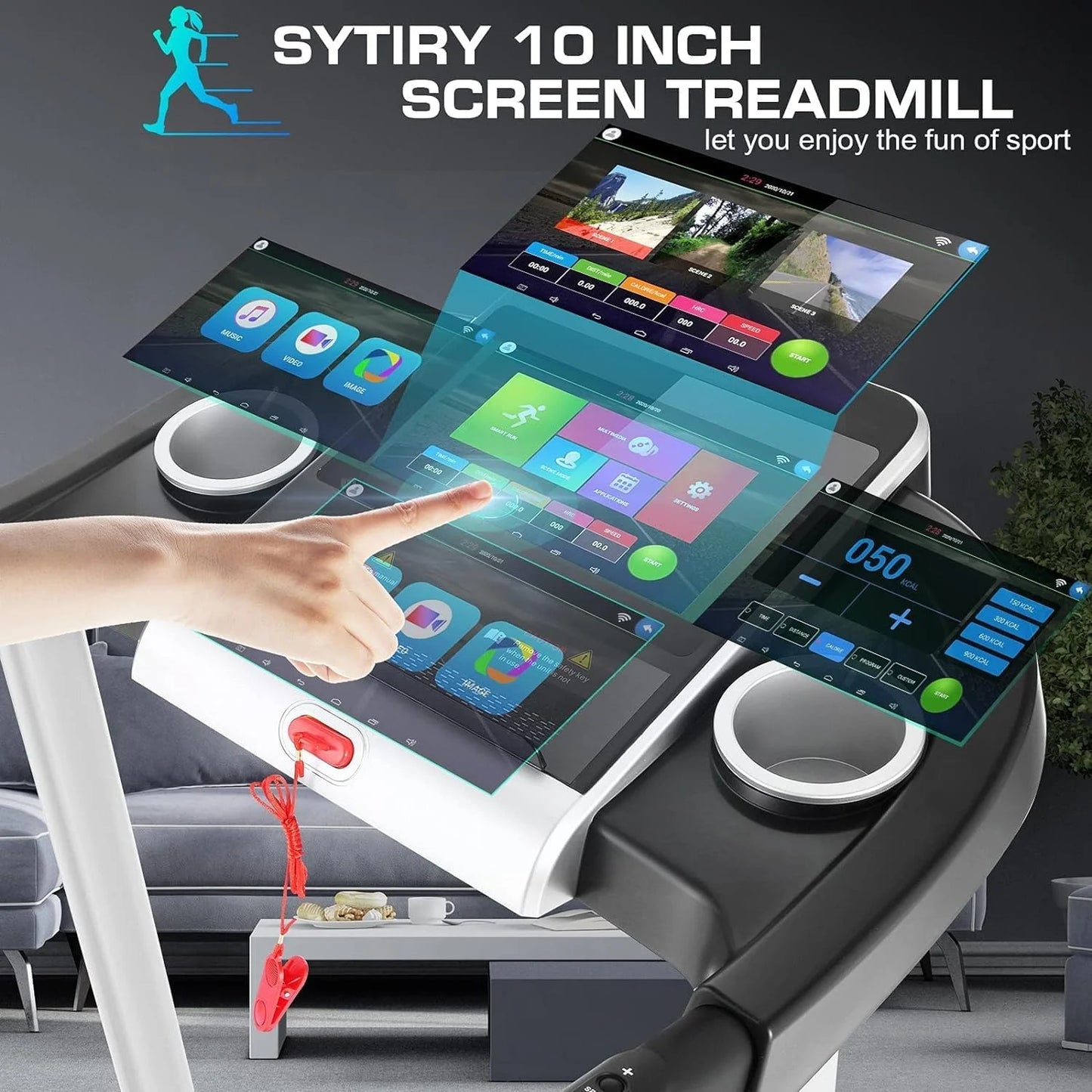 Treadmill with 10" HD TV Touchscreen & 3D Virtual Sports Scene, 3.25HP Folding Running Machine with Manual Incline, Foldable Treadmill with 265Lbs Weight Capacity for Home, Gym, Office, Black