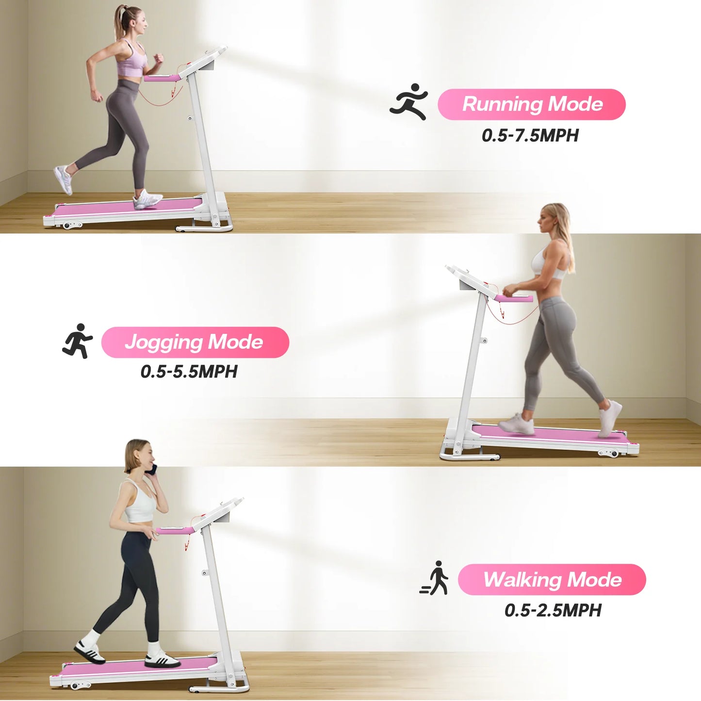 Pink Foldable Treadmill for Home, 2.5HP Quiet Electric Running Machine with Heart Rate Sensor and LCD Display
