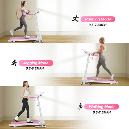 Pink Foldable Treadmill for Home, 2.5HP Quiet Electric Running Machine with Heart Rate Sensor and LCD Display