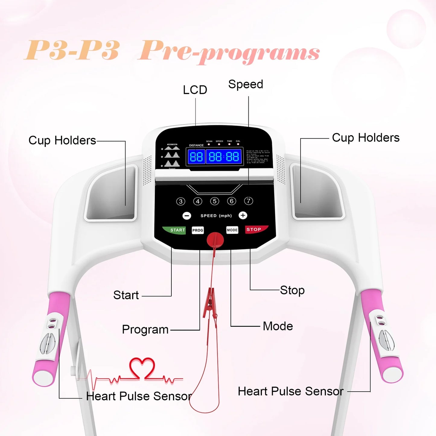 Pink Foldable Treadmill for Home, 2.5HP Quiet Electric Running Machine with Heart Rate Sensor and LCD Display