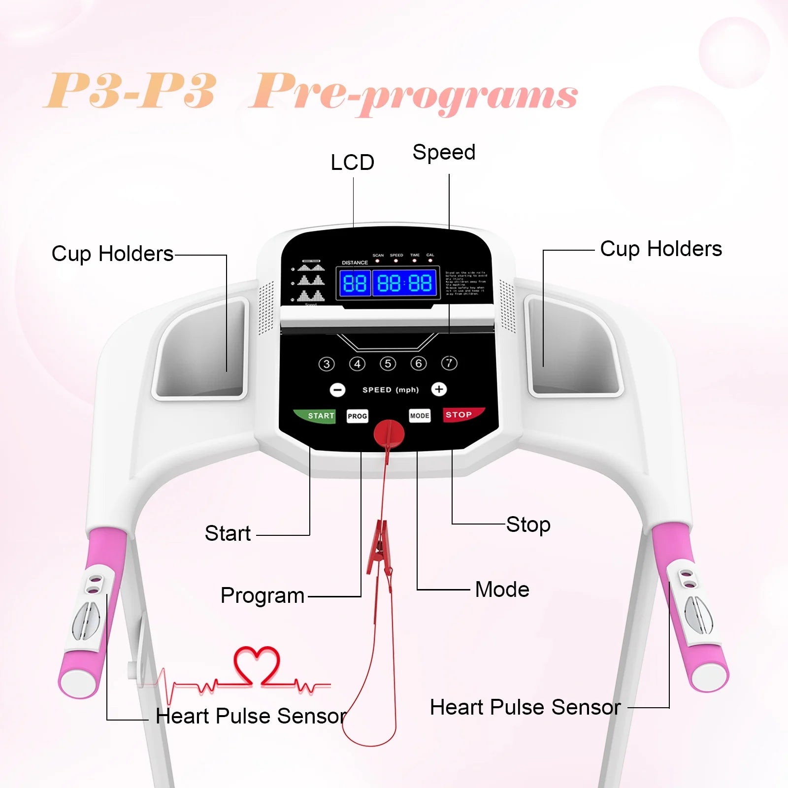 Pink Foldable Treadmill for Home, 2.5HP Quiet Electric Running Machine with Heart Rate Sensor and LCD Display