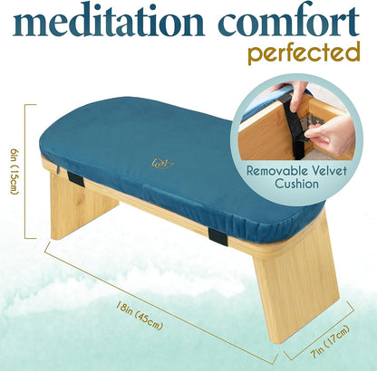 Folding Bamboo Kneeling Meditation Chair - 18 in X 7 in X 6 in Grey Modern Rectangular - with Cushion & Magnetic Locking Hinges - Portable Travel Meditation Bench with Anti-Slip Feet